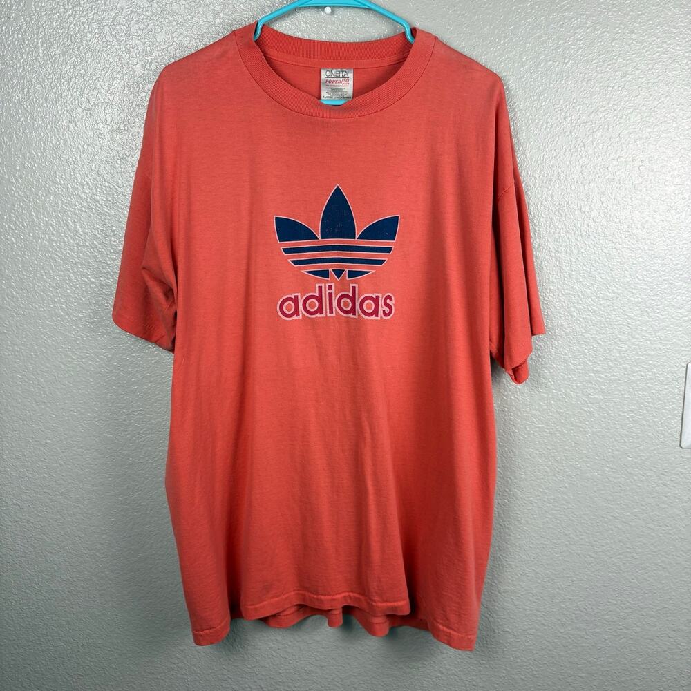 Oneita Men’s Size XL Coral Orange Pink Adidas Short Sleeve Navy Red Logo T-Shirt